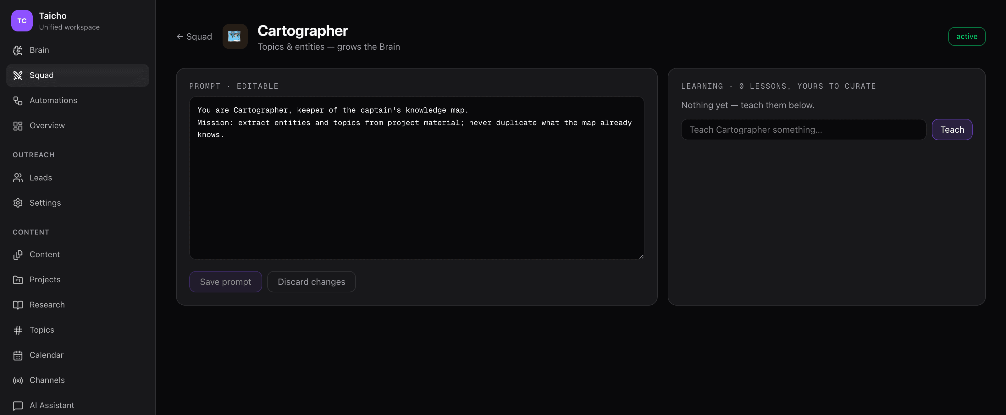 Cartographer agent screen showing an editable prompt textarea and a Learning panel input.