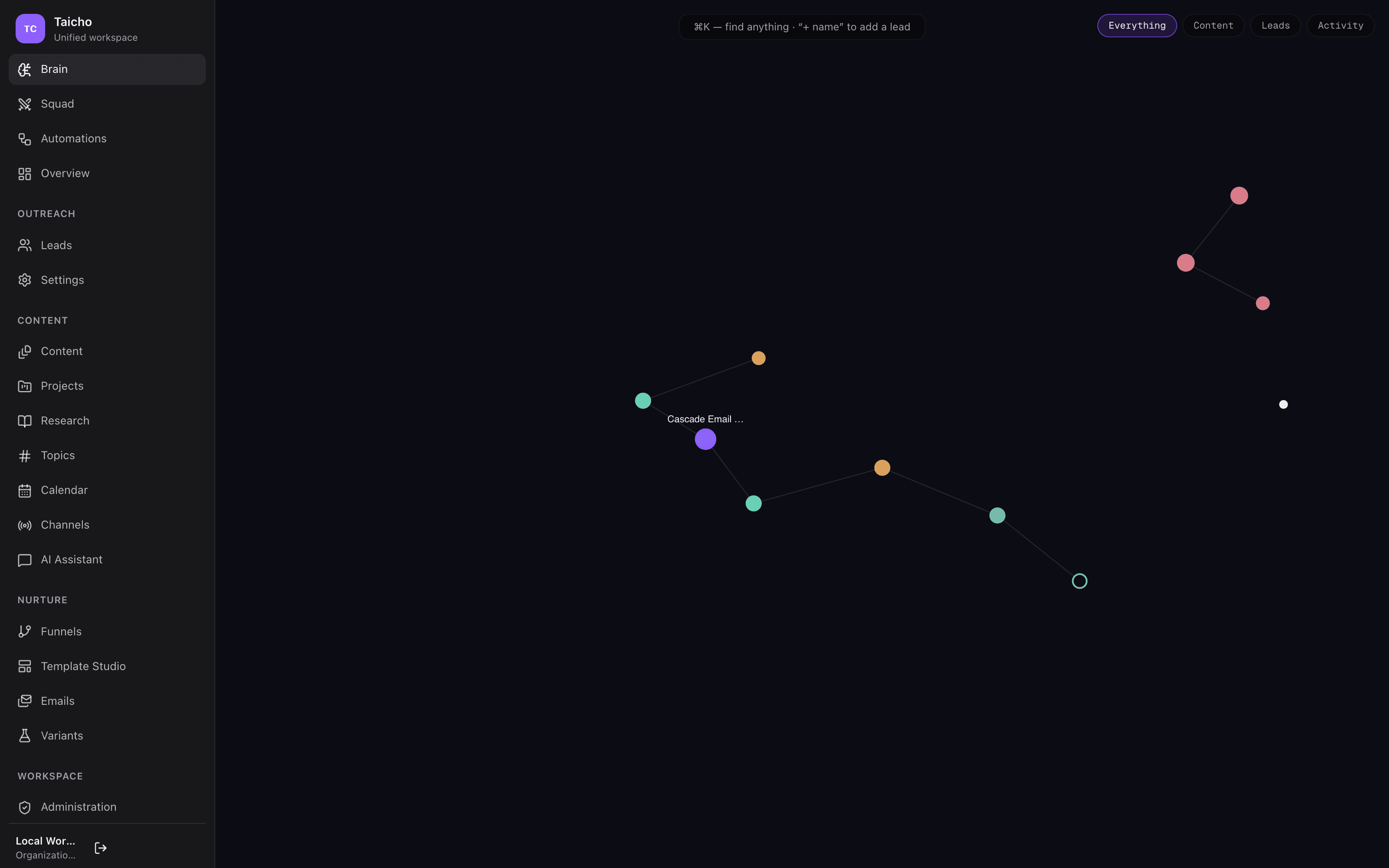 Brain screen displaying a dark knowledge graph of colored nodes with a search bar and filter chips.