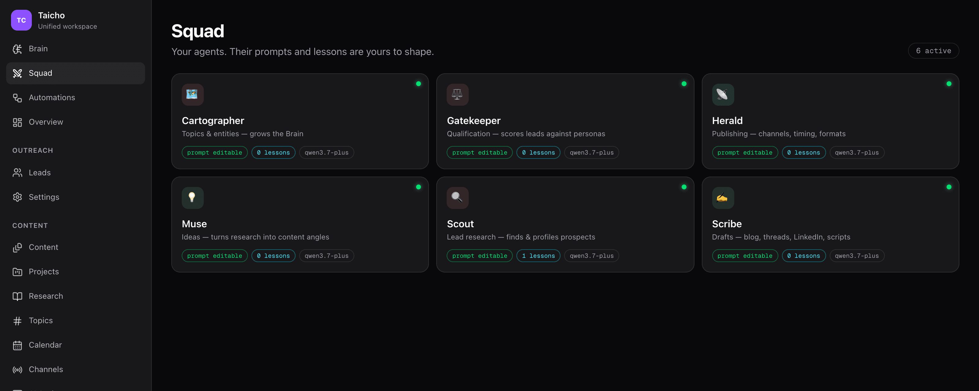 Squad screen showing six active agent cards with roles, prompts, and model settings.