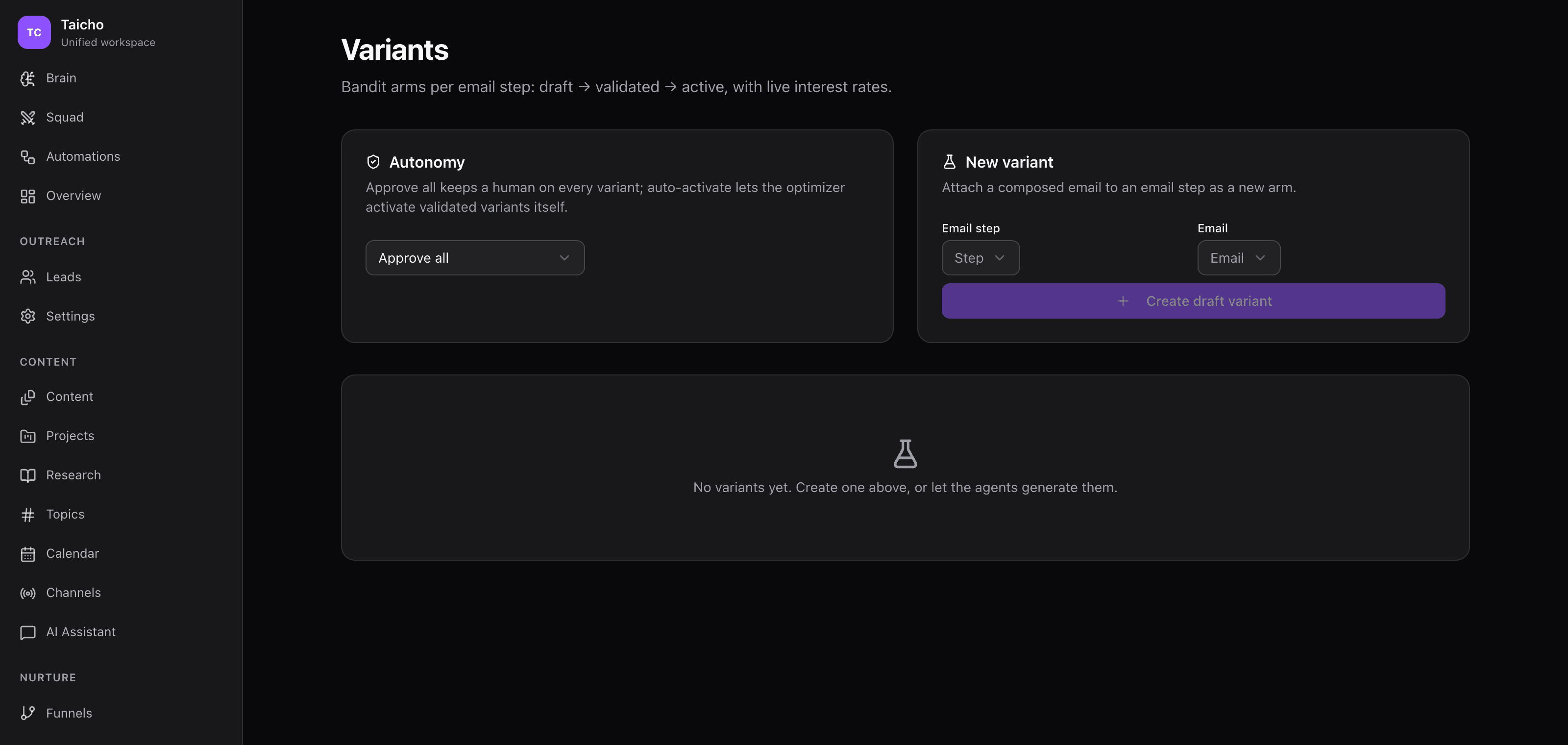 Variants screen featuring an Autonomy panel with an Approve all selector and a new variant form.